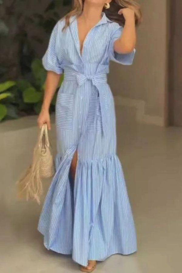 Women's Fashion Temperament Striped Lapel Midi Dress