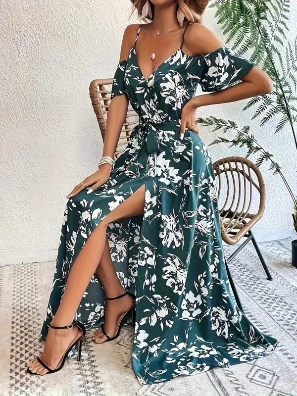 Elegant Floral Maxi Dress - Off-Shoulder, Spaghetti Straps, High Slit