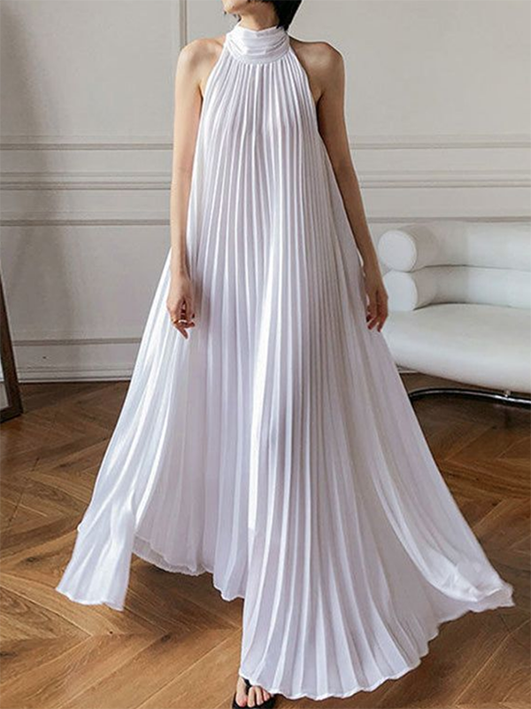 Pleated Solid Color Loose Stand Collar Maxi Dresses WHITE-2XL