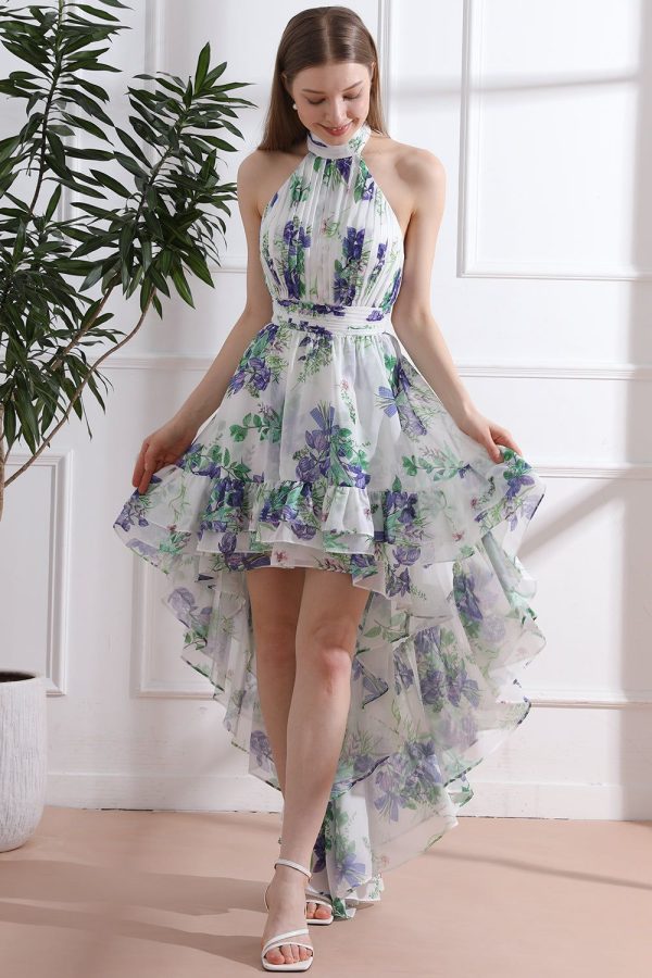 Halter High Neck Floral Print Chiffon High Low Dress - Other / High Low / US2