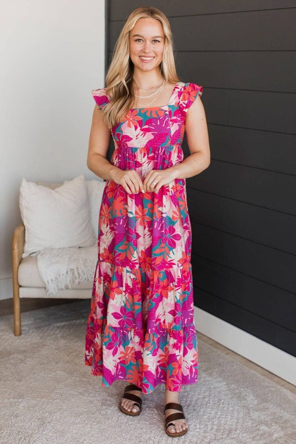 Twirl Around Floral Maxi Dress- Magenta & Coral - M