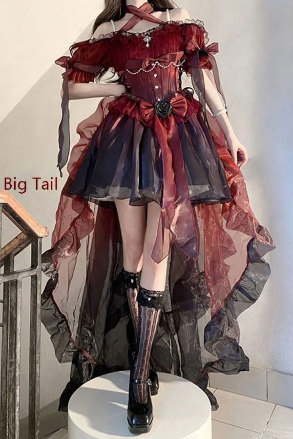 Wine Red Midsummer Dream Short Sleeves Ruffle Hanayome Off-The-Shoulder Gothic Short Lolita Dress