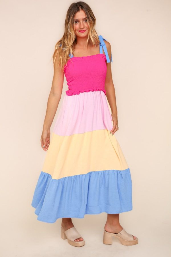 Haptics Color Block Fit and Flare Maxi Dress in Hot Pink/Cream/Blue - 3XL