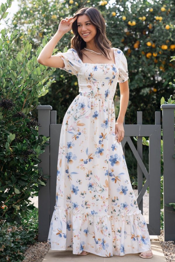 Baltic Born Womens Capri Smocked Maxi Dress | White Multi Print | Size: XXXL
