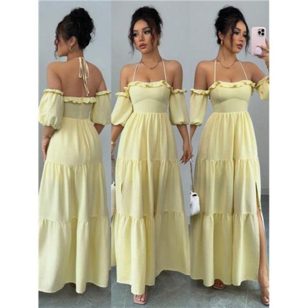 Varit Boutique Dresses | Women's Fashionable Versatile Vacation Strapless Tie-Up Ruffle Hem | Color: Yellow | Size: Various
