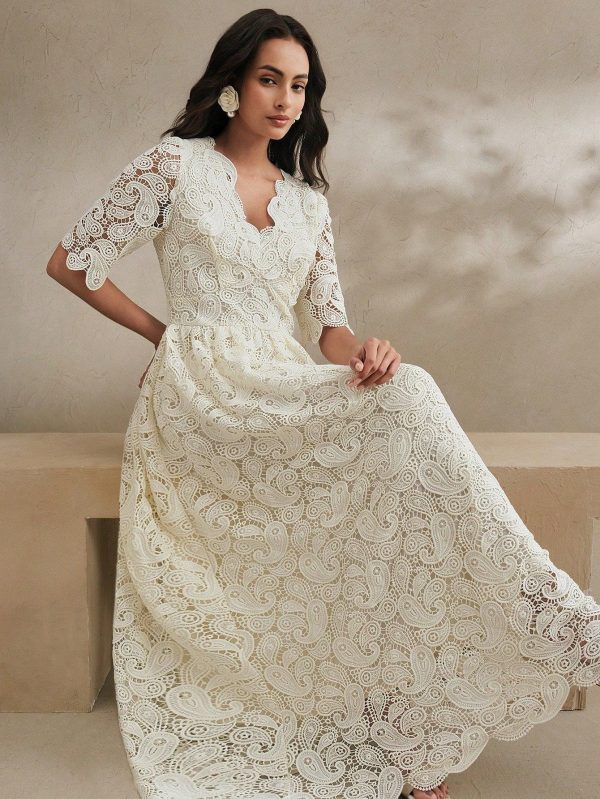 Elegant, Fashionable V-Neck Wavy-Edged Sleeve Cashew Flower Hollow Sheer Texture Waist-Cinched Slimming Long Dress, Suitable For Valentine's Day, Summer Beach Vacation, Spring Outfits For Women