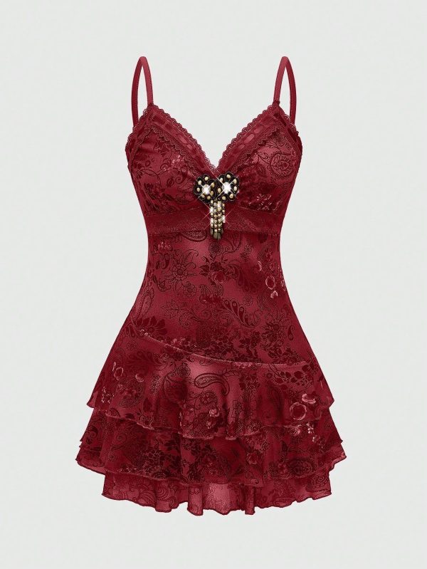 Retro Hippie Vintage Ruffled Ribbon & Lace Paisley Print Mini Dress For Women