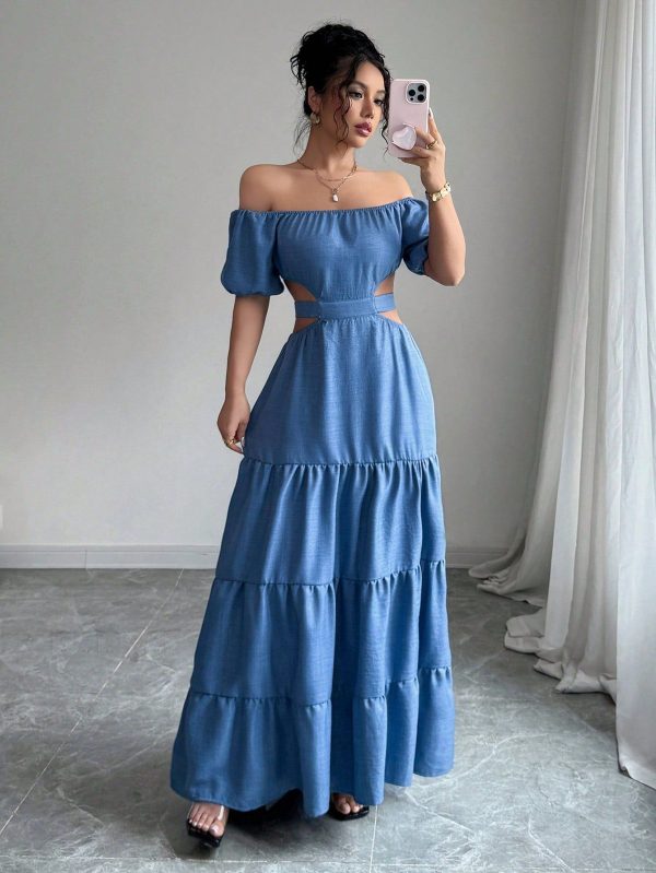 Vacation Ins Style Denim Effect Off Shoulder And Backless Tie Women's Dress