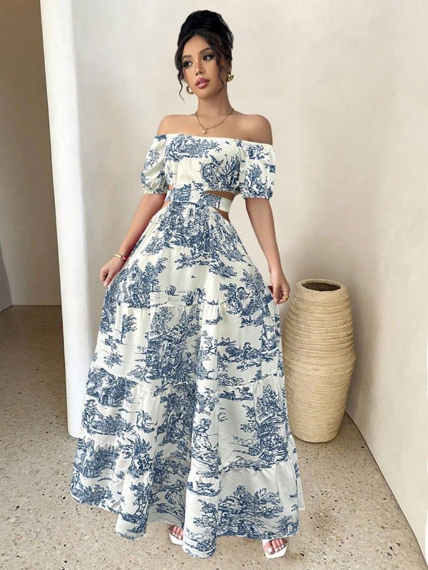 Elegant All-Over Print Off Shoulder Backless Tie-Up Waist Dress For Women