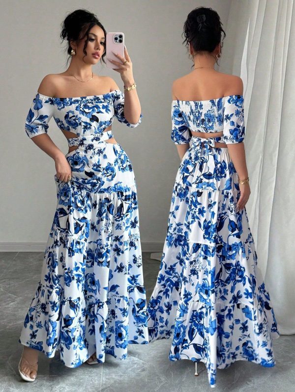 Off Shoulder Ruffle Layered Midi Blue & White Floral Dress, Tie-Back Cut-Out Sexy French Elegant Summer Vacation Puff Sleeve Maxi Dress