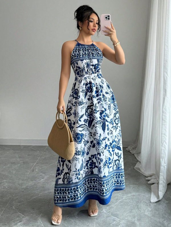 Women's Elegant Fashion Charming Beach Resort Casual Vacation Sleeveless Halter Waist Cinched Floral Print Maxi Dress (Random Floral Print)