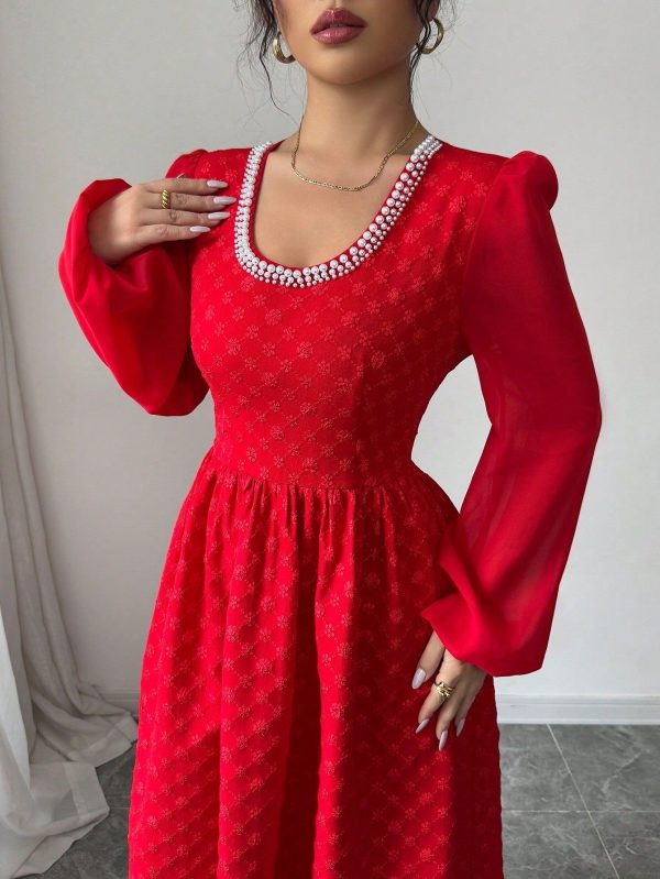Women's Jacquard Splice Heterogeneous Puff Beads Waist A-Line Elegant Dress