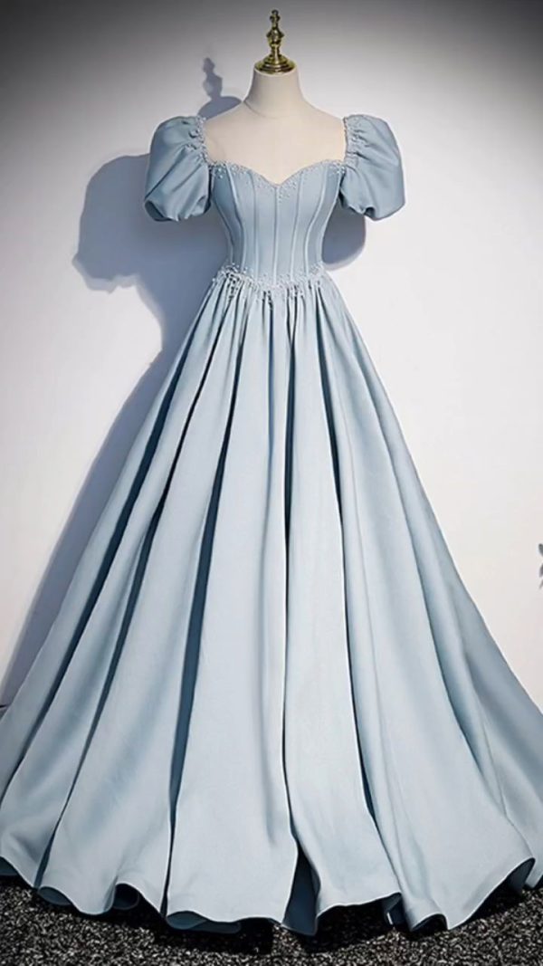 Ruffled Blue Satin Long Prom Dress with Beadings