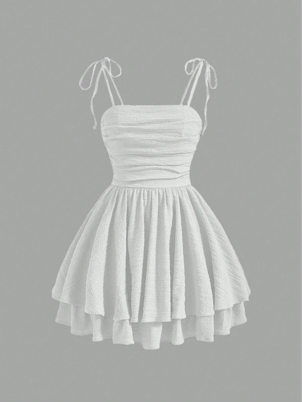 Solid Ruched Bust Tie Shoulder Double Hem White Cami Dress,White Graduation Dress
