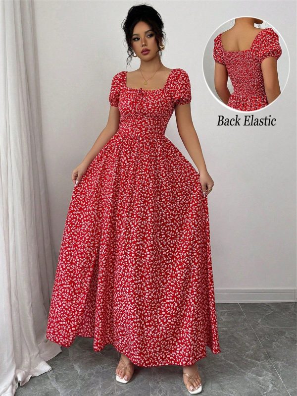 Women's Vacation Romantic Elegant Ditsy Floral Shirred Puff Sleeve Cinched Waist A-Line Casual Holiday Valentine's Day Occasion Bow Back Halter Dress, Multiple Wearing Styles, Spring/Summer New Arrival Graduation Spring Dress Beach Women Outfits Sun Slits Long Maxi Dress