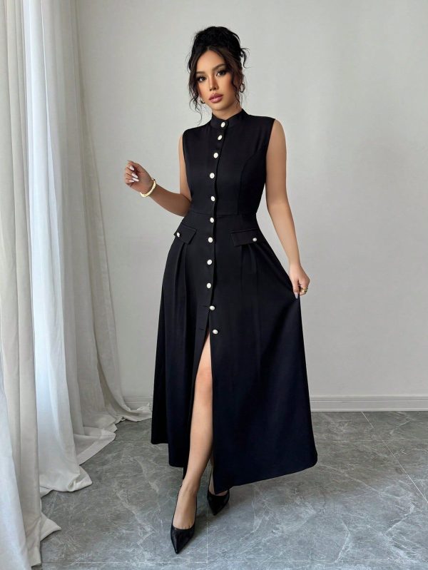 Women Solid Color Front Button Collar Sleeveless Casual Maxi Dress