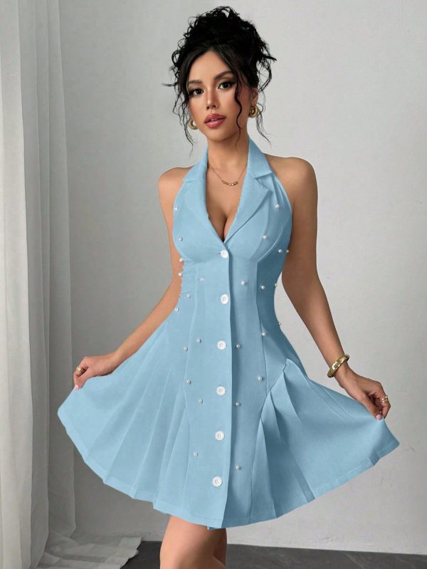 Pearl Collar Single Breasted Hem Pleated Short Dress