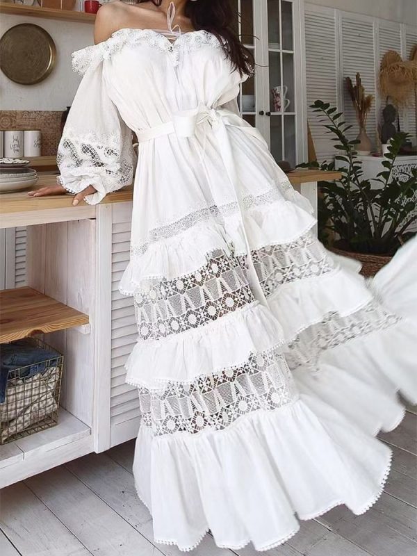 Fashion temperament lantern long sleeve high waist dress 2025 spring women's new stitching lace