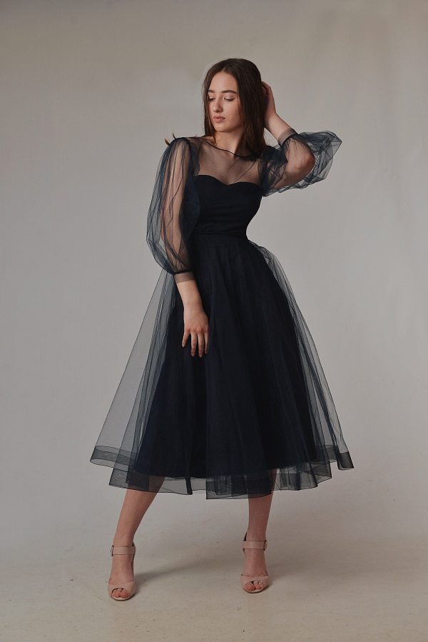 Courthouse Wedding Dress: Dark Blue Midi with Puffy Sleeves - Simple & Elegant Engagement and Evening Attire - White Tulle Guest Dresses