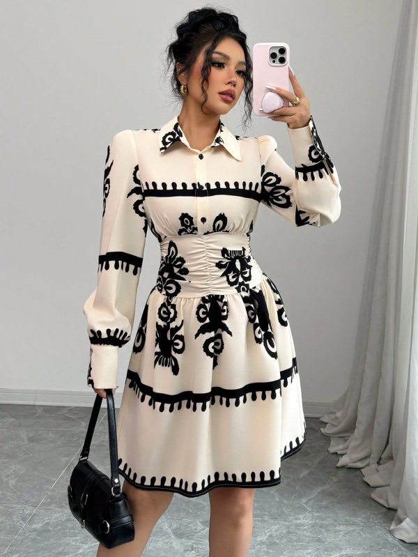 Casual Long Sleeve Printed Waist Cinched Dress For Women