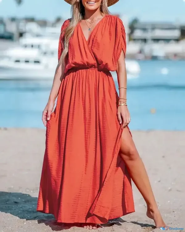 OrcaJump - Elegant V-Neck Maxi Dress with Draped Front and Flattering Ruched Hem