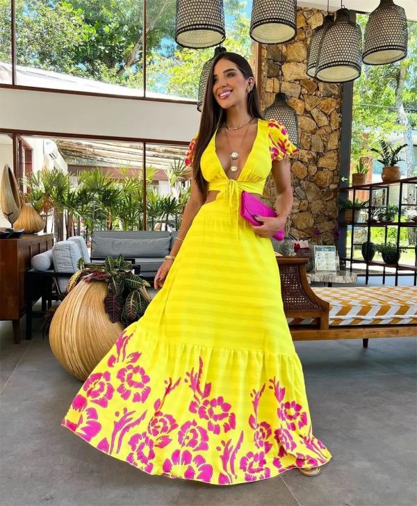 Sexy Boho Printed Long Dress Women Lace Up Backless Summer Dresses V-Neck Bodycon Female Clothing