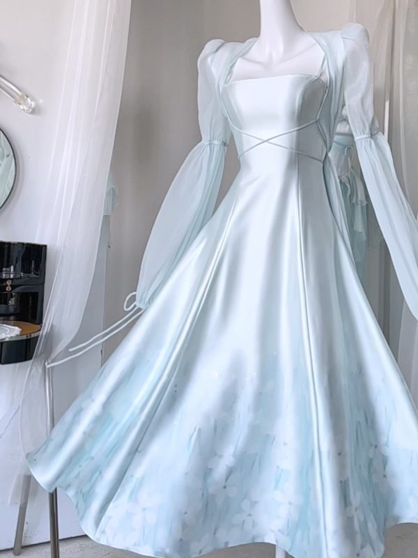 Lily of the Valley Print Cyan Satin Jumper Skirt