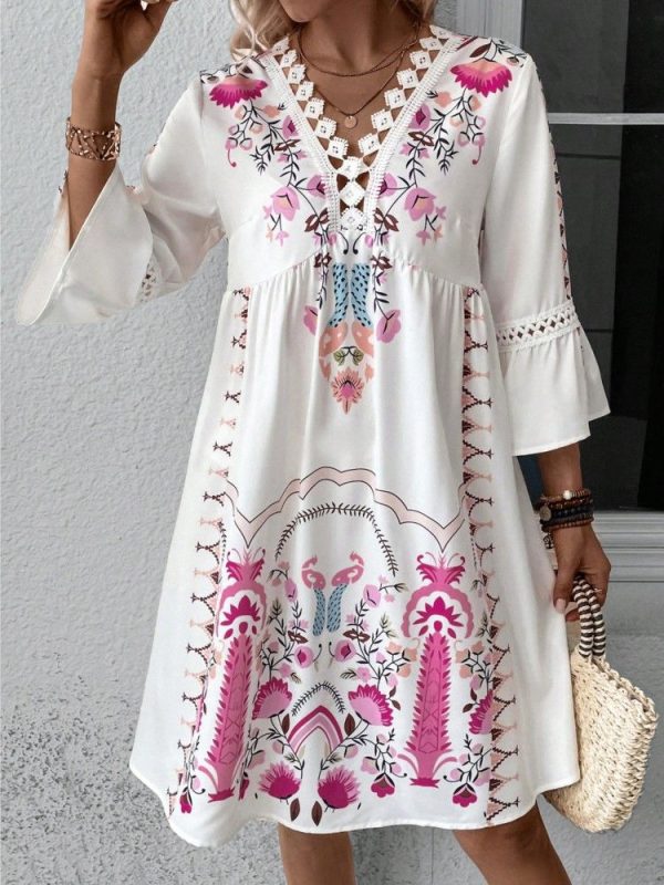 2025 Women's Dress Summer Holiday V Neck Long Sleeve Flower Print Beach Party Dresses Sexy Mini