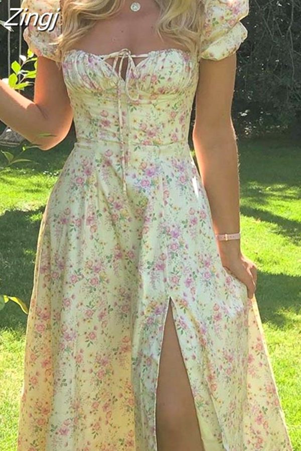 Zingj Women Floral Print Long Dress Summer Chic Short Sleeve Square Collar Split A Line Party Sundress Ladies Holiday Beach Vestidos 015-M