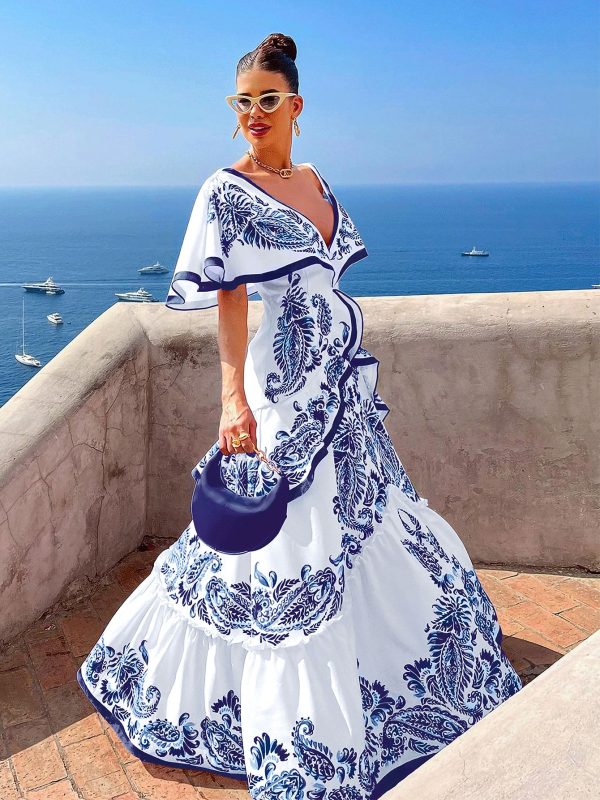 Fashion Ruffle Collar Women Big Swinging Dresses Sexy V Neck Long Skirt  Holiday Party Dress Beach