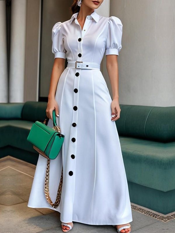 StyleWe Women Urban Maxi Dress High Waist X-Line Shirt Collar Puff Sleeve All Season For Commuting