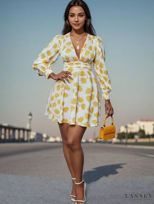 Lasaky - Printed Slinky V-Neck Dress with Alluring Design - Yellow, 3XL