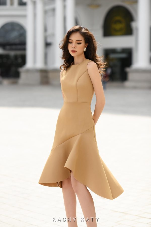 Alma High-Low Sleeveless Flare Dress in Camel Beige - Elegant Tailored Midi Dress for Occasions