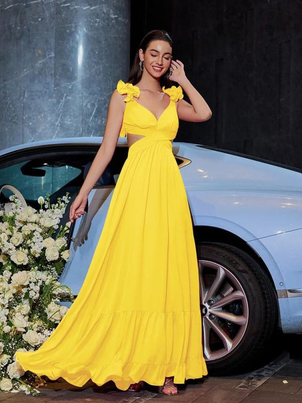 Floral Strappy Back Zig-Zag Side Cut-Out Formal Dress for Women - Yellow / M