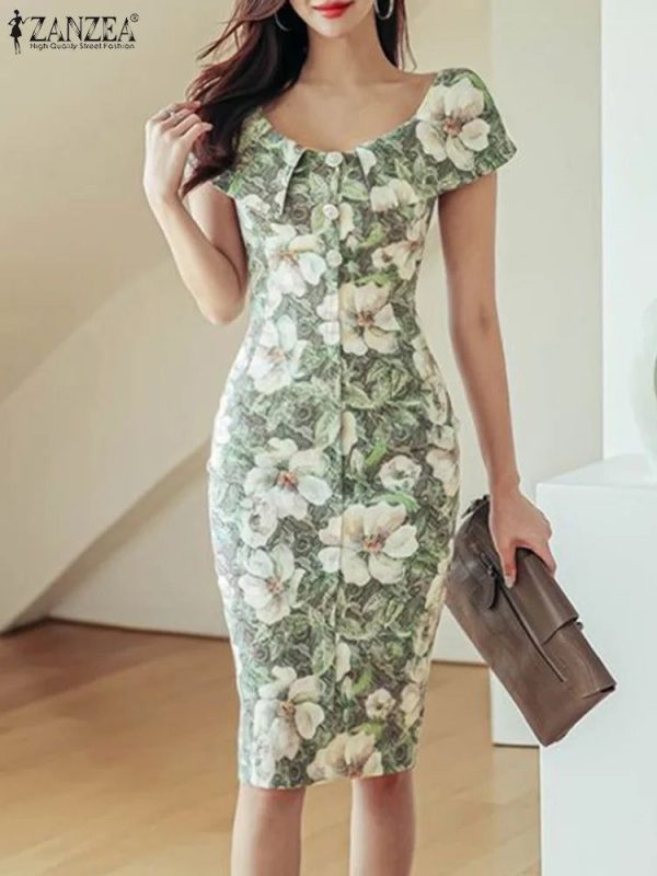 ZANZEA Summer Slimming Sundress Elegant Wrap Hips Dress Women Ruffle Flower Printed Mini Dress Holiday Short Sleeve Buttons Robe - 4XL / Khaki