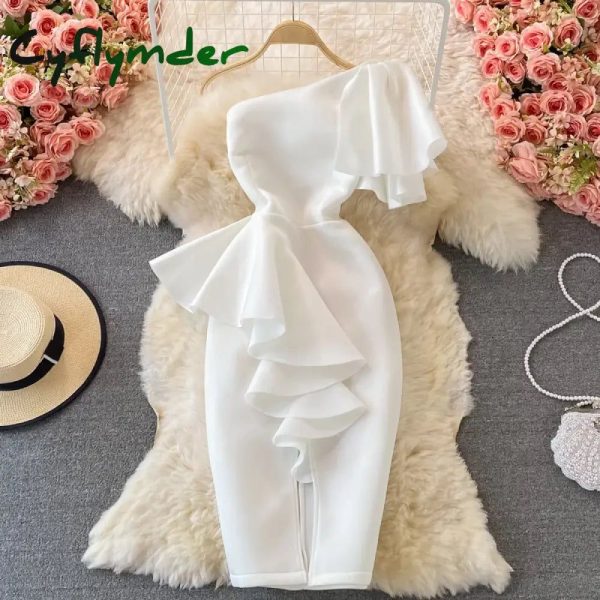 Cyflymder Christmas DRESS TO IMPRESS Sweet Style Y2K Long Dresse For Women Three-dimensional Ruffles Split Diagonal Collar Dresses Spring Summer New - white / S