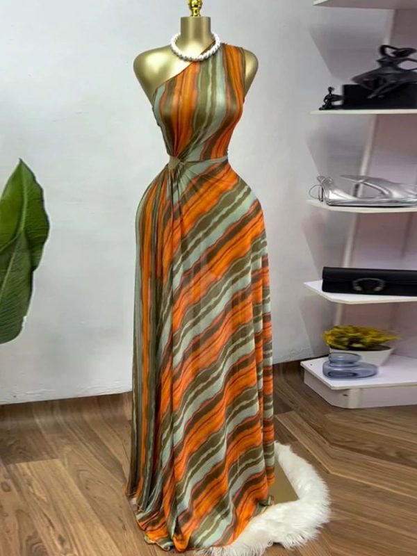 BWQ Elegant Striped Print Sleeveless Floor-Length Long Women Dress Skew Collar Evening Beach Party