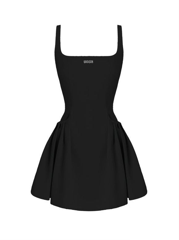 Hot Girl Black & Gray Square Neck French High-end Suspender Dress