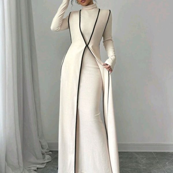 2pcs Set Women Knitted Ribbed High Neck Dress With Contrast Trim | Color: Cream/White | Size: Various