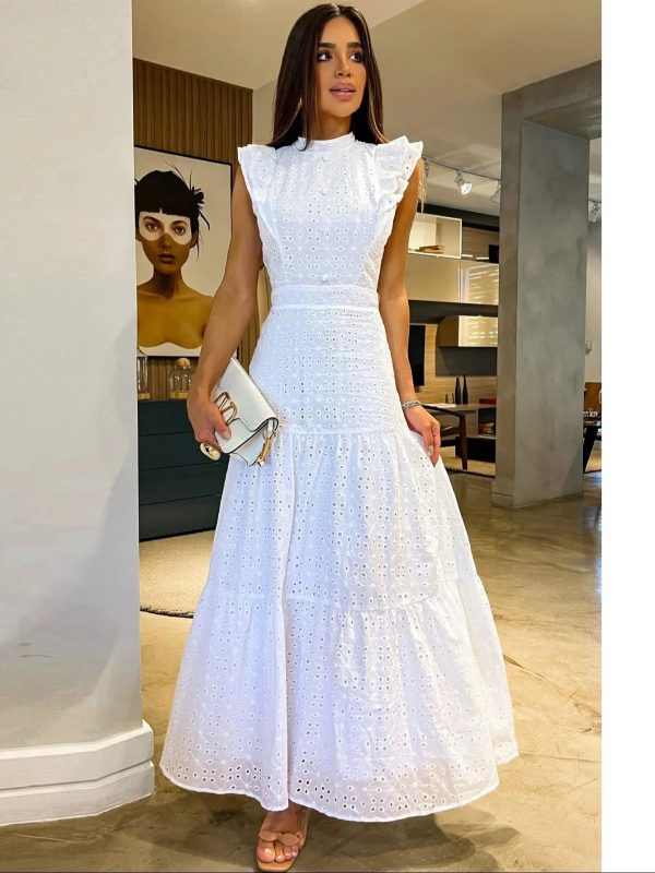 Bohemian Solid Hollow Out Elegant Women Dress O Neck Flying Sleeve Button Long Dress Summer Chic Casual Beach Women Clothing - PI23476W1 / M