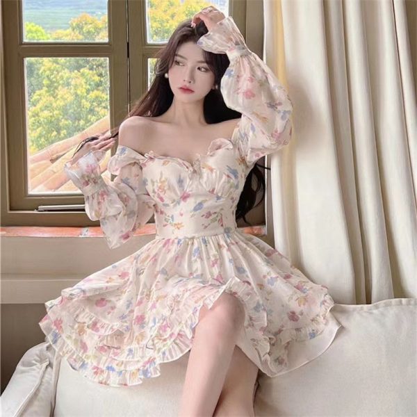 Summer Sweet V-Neck Floral Chiffon Dress Women Elegant Long Sleeve Ruffles Party Mini Dresses Korean