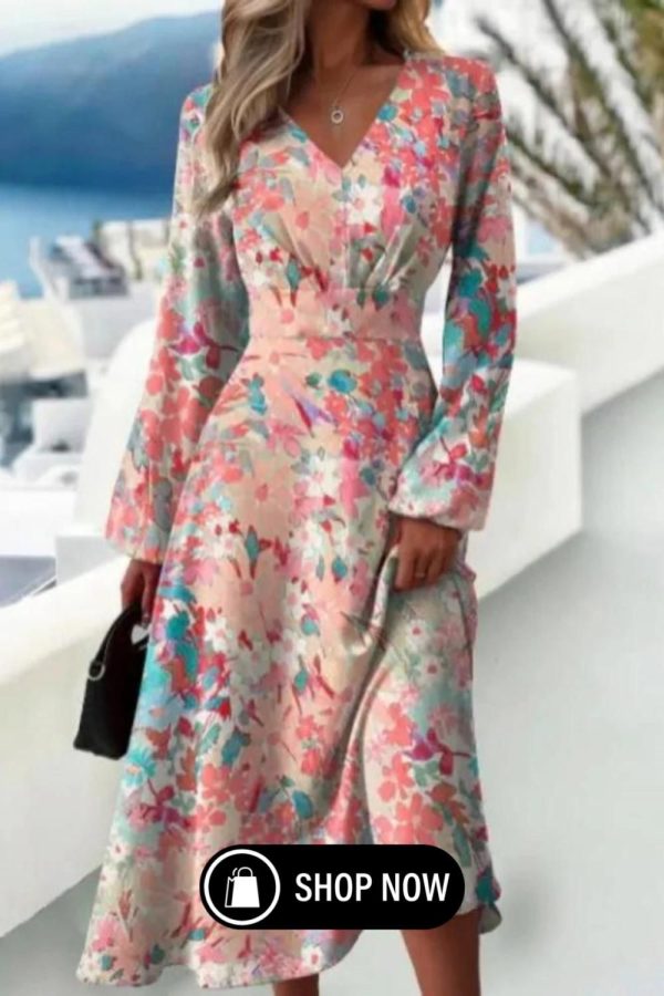 Women's Fit Fashion Printed V-Neck Long Sleeve Midi Dress
