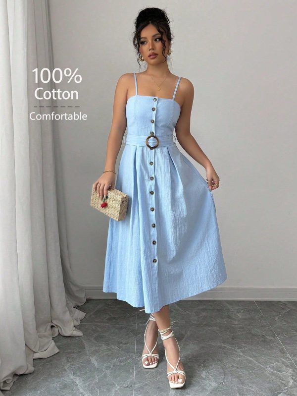 Single-Breasted Front Button, With Belt, Holiday Style, Elegant And Fashion Going Out, Suspenders Pure Blue A-Line Women's Mid-Length Dress Midi Summer Dress Button Dress Women Sundress Women Vacation Dress Women Sun Dresses