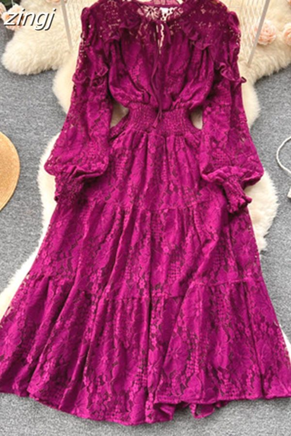 Zingj Autumn Women Lace Midi Dress Vintage Round Neck Lantern Long Sleeve High Waist A-Line Elegant Party Robe New Fashion 2023 703-1 Fuchsia-One Size