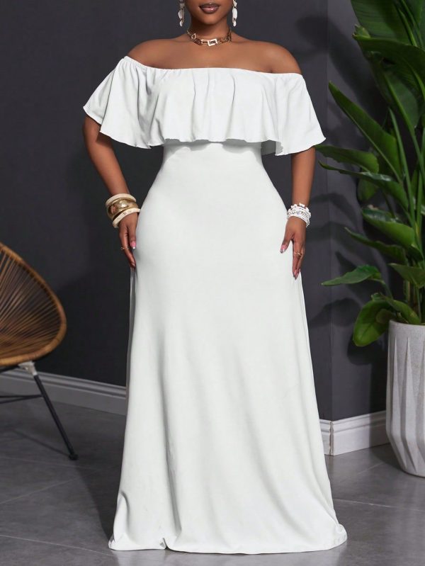 2025 New Plus Size Women Versatile Casual Simplistic Design Sleeveless Off Shoulder Ruffle Hem High Stretch Dress, Suitable For Spring/Summer