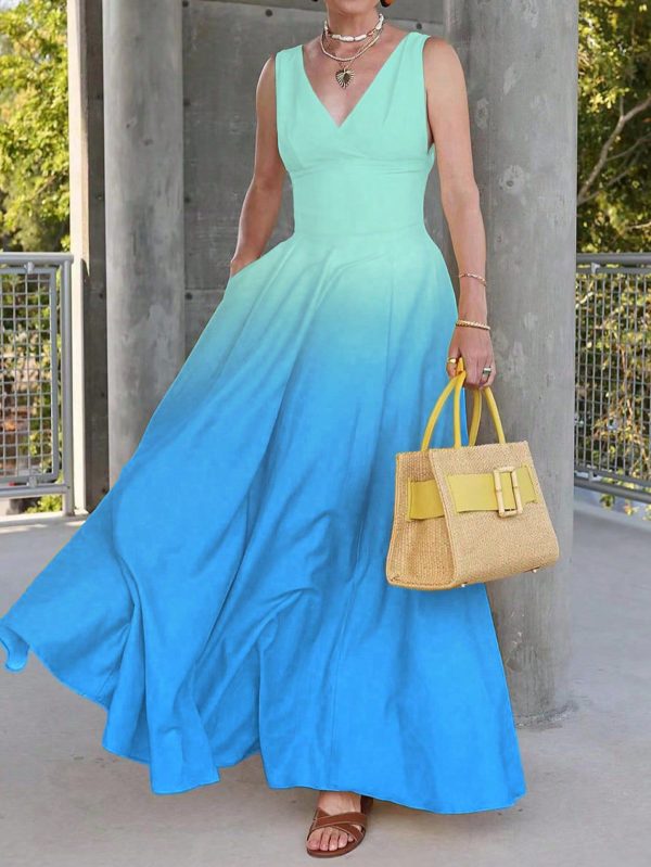2025 Spring And Autumn New Casual Fashion French Retro Holiday Style Sleeveless High Waist Gradient Color V-Neck Thin Dress