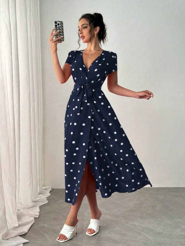 Romantic Vacation Style Red V-Neck Polka Dot Short Sleeve Wrap Waist Split Midi Dress For New Year Clothes Maxi Women Outfit