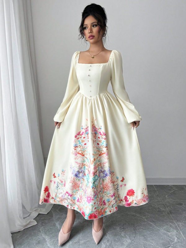 Early Spring New Romantic Casual Vacation Square Collar Lantern Sleeve Woven Water Print Placement Print Waist Cinched Slim Women Long Dress Spring Dresses For Women Spring Dress For Women Women Spring Dresses