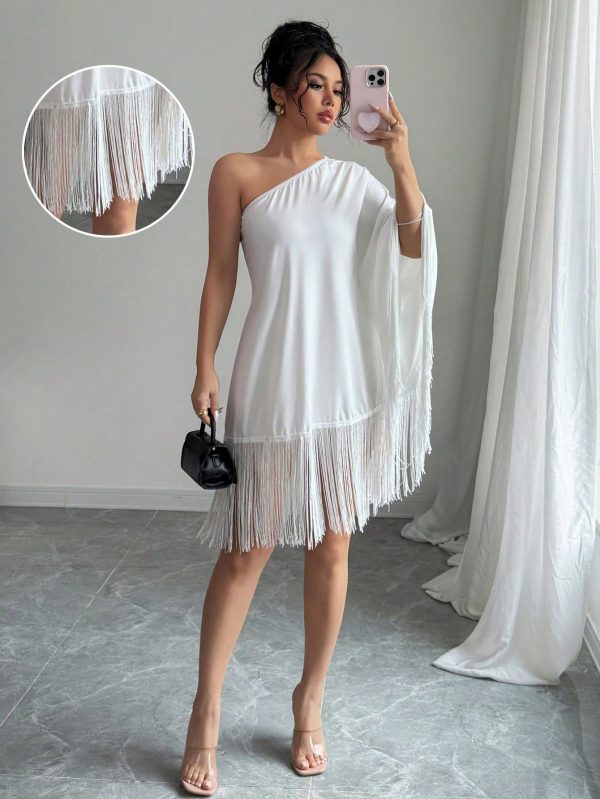 1pc Solid Color Fringed Asymmetric Shoulder Dress, Daily Elegant Minimal Style