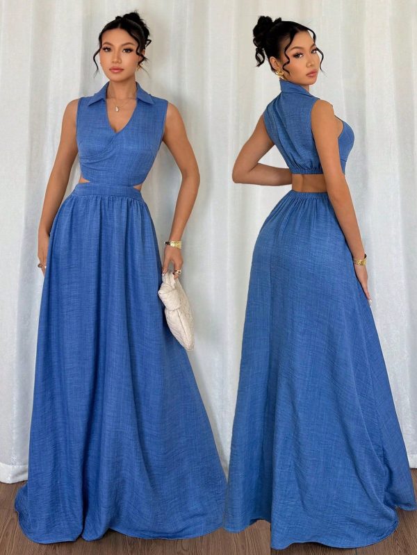 French Elegant Woven V-Neck Sleeveless Hollow-Out Waist Summer New Blue Dress For Women